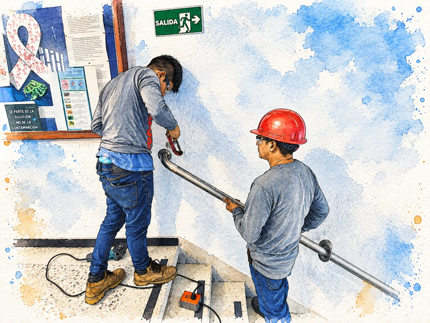 Acuarela del proyecto instalación de pasamanos en escaleras de acceso educativo