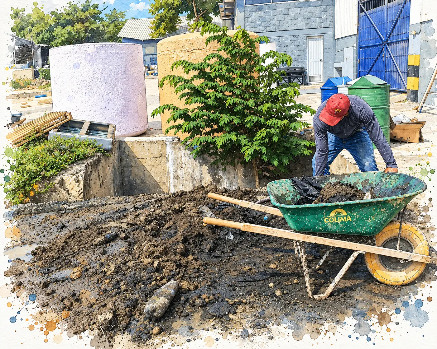 Acuarela del proyecto limpieza de desarenador y retiro de arena en un canal