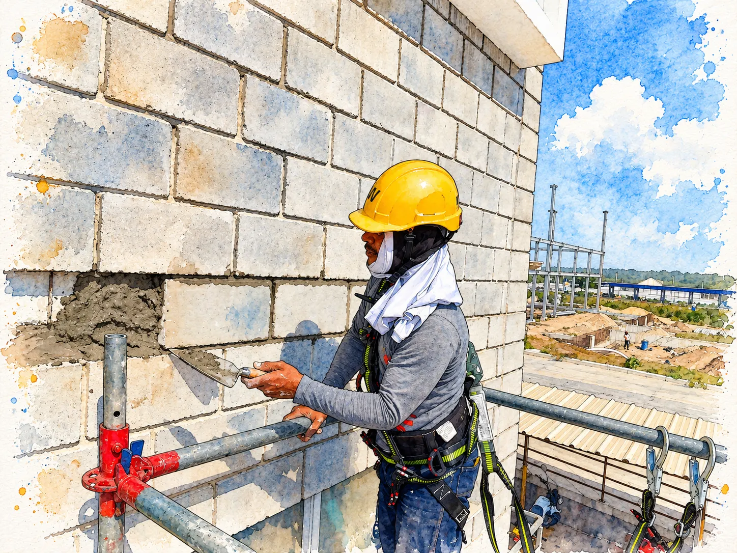 Acuarela del proyecto reparación de bloques desprendidos en una bodega
